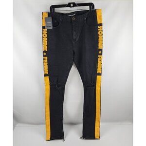 Homme + Femme Jean 38 Striped Logo Black Denim Yellow Stripe Hand Airbrushed NWT